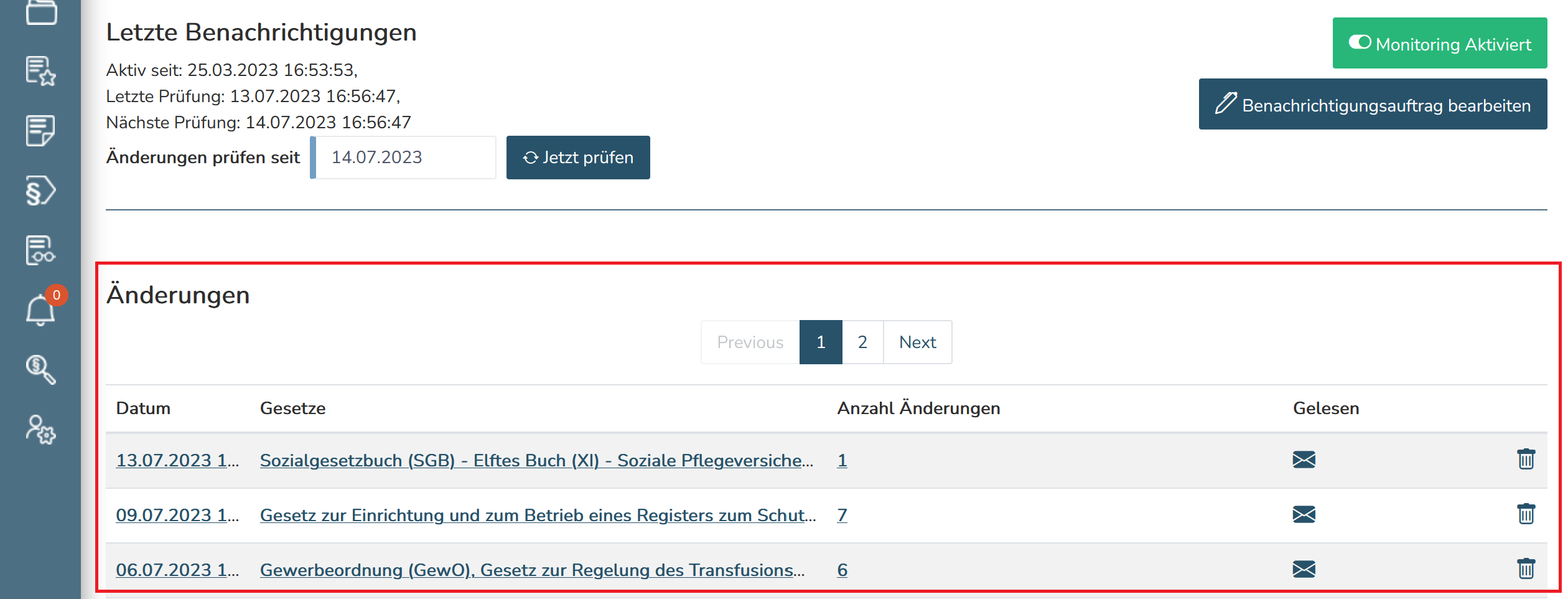 Erhaltene Benachrichtigungen in der Applikation