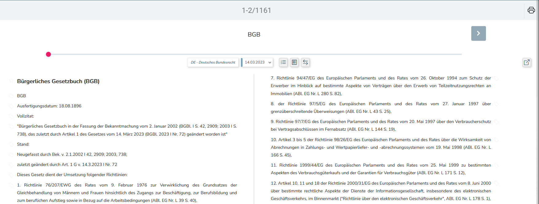 Navigieren in den Rechtstexten